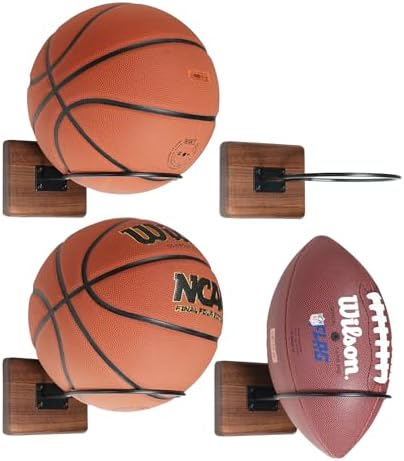 Basketball Holder Wall Mount, Solid Wood Ball Holder for Storage Soccer Volleyball Football Autograph Ball Metal, Basketball Rack Display for Boys Sports Accessories Organizer & Wall Decor by Rovarahoom