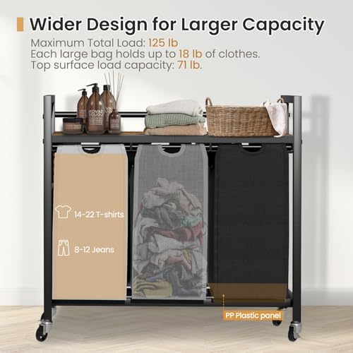 SwaaVee Laundry Sorter, Laundry Hamper 3 Section, 3×11.4Gal, Metal Frame Rolling Laundry Basket with Wooden Top Shelf, Pull out and Removable Laundry Bags, 3 Bags-Black Grey White - Image 3