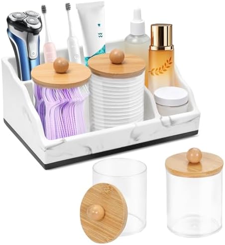 Bathroom Counter Organizer, White Marble Toothbrush Holders for Bathrooms with 2PCS Qtip Holder, Bathroom Organizer Countertop Toothbrush and Toothpaste Holder for Makeup Organizer for Vanity by MSBRCH