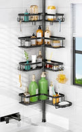 HAMITOR Shower Caddy Tension Pole: 4-Tier Corner Bathroom Organizer Shelf with Soap Holder & Hooks - No-Drill Adjustable Standing Storage Rack for Apartment Renters - 47-123 Inch Black by HAMITOR