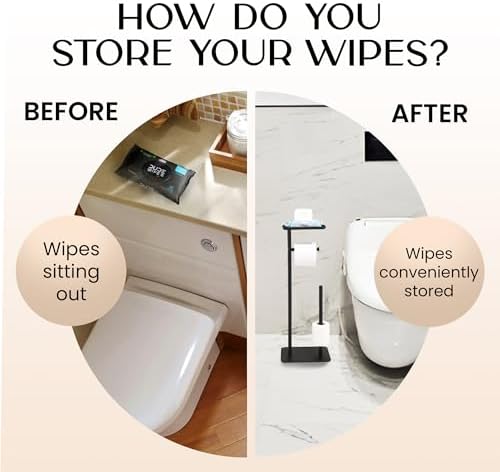 Day Moon™ - Toilet Paper Holder - Modern Roll Holder for Bathroom - 1 Pack - Free Standing - with Shelf, Black - Image 3