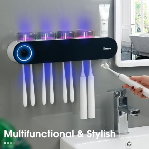 iHave UV Toothbrush Sanitizer Holder Wall Mount Toothpaste Dispenser, 4-Cup - Image 4