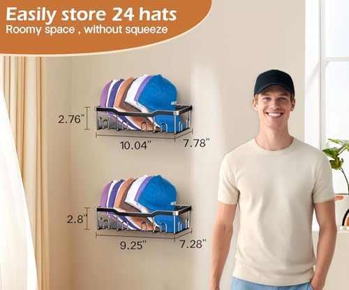 KEETDY Metal Hat Racks for Baseball Caps Wall Hat Organizer Fit 24 Caps Holder, 2 Packs Sturdy Wall Mounted Hat Storage Organizer, Black - Image 4
