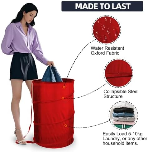 BATTOO Collapsible Laundry Baskets- Foldable Hamper for Laundry Extra Large Pop Up Laundry Hamper 107L with Long Straps Drawstring Clothes Hamper for Bathroom, Campout, Dorm or Travel Red - Image 5