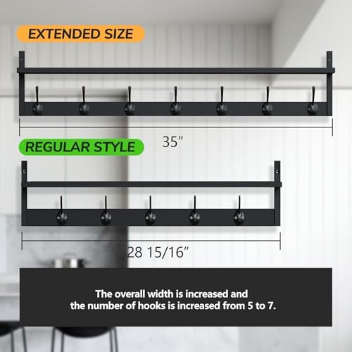 BAMEOS Wall Hooks with Shelf 35 Inch Length Entryway Hanging Shelf Wood Coat Hooks Wall-Mounted Coat Hook Rack with 7 Dual Hooks for Bathroom, Living Room, Bedroom (Black) - Image 2