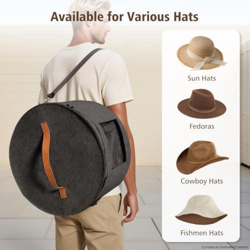HEAVYWOOD Hat Box for Women Storage Travel Felt Hat Case for Wide-Brim Cowboy Hat Storage for Large Round Hat Carrier with Portable Handle Shoulder Strap (Dark Gray, Shoulder Stripe) - Image 2