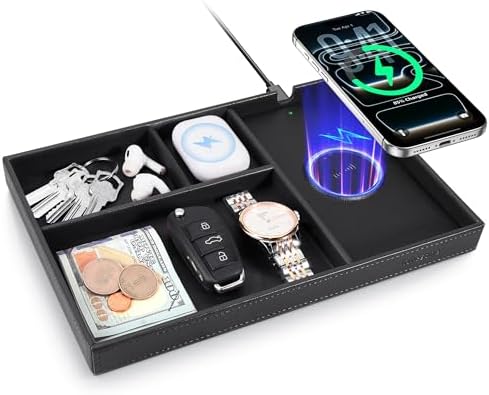 Valet Tray, Built-in Wireless Chargers, PU Leather Nightstand Organizer by Investme