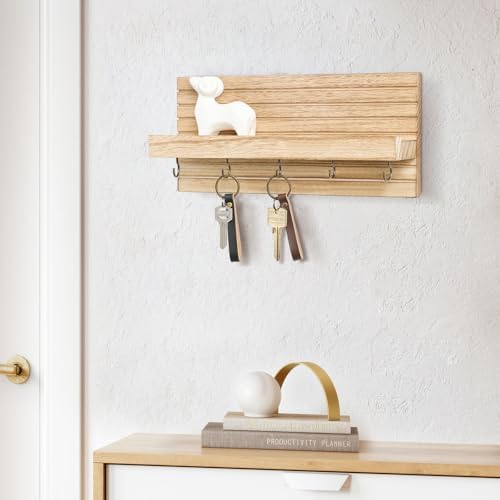 Lwenki Decorative Key Holder for Wall with Shelf, Entryway Shelf with Hooks Holds Leashes, Jackets and Glasses – Sturdy Wood Keyholder Entrance Hanger with Mounting Hardware (Wood, Medium) - Image 5