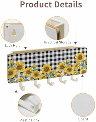 Sunflower Key Holder Wall Mount,Black White Check Country Yellow Floral White Hanging Mail Organizer with 5 Key Hooks Wall Decorative,Adhesive Key Rack with Shelf for Hallway Kitchen Entryway Decor - Image 2