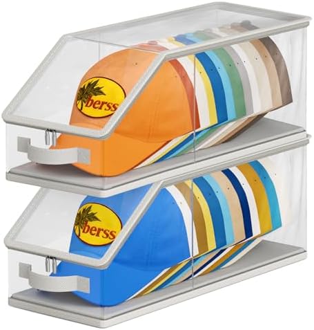 AOODA 2PCS Stackable Hat Storage for Baseball Caps, Clear Hat Organizer for Closet Holds up to 24 Caps, Men‘s Hat Box Display with Cardboard (Grey) by AOODA
