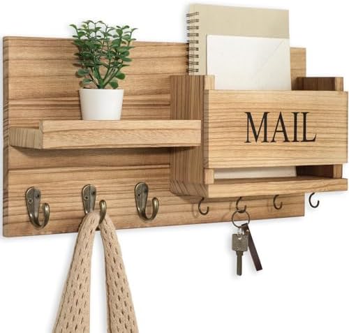 Lwenki Mail Organizer for Wall Mount – Key Holder with Shelf Includes Letter Holder and Hooks for Hallway Farmhouse Decor – Rustic Wood with Flush Mounting Hardware (16.5” x 9.1” x 3.4”) (Wood) by Lwenki