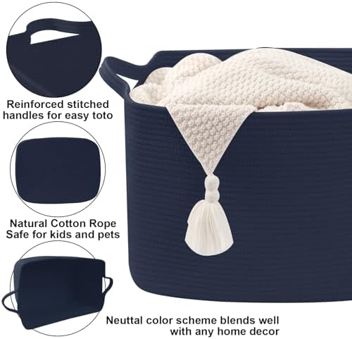 65L Large Laundry Basket with Handles,Woven Blanket Basket,Navy - Image 3