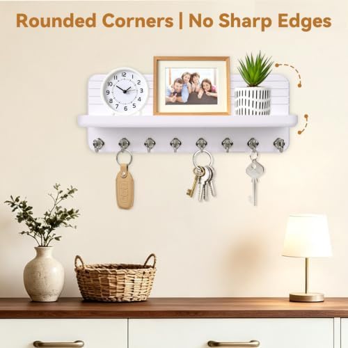 Key Holder for Wall, Mail Organizer Wall Mount with 8 Hooks Wooden Hanging Key Rack for Home Decor, Hallway, Entryway (White) - Image 6