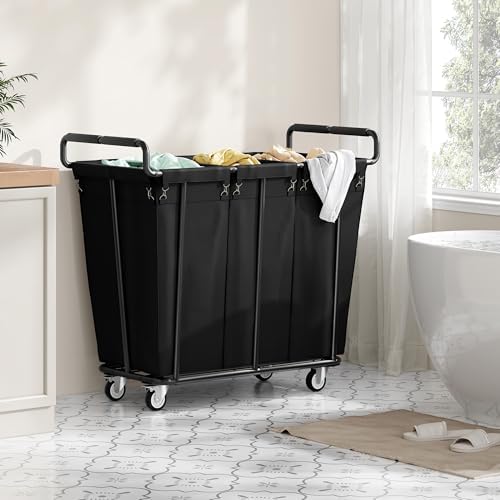 Gewudraw 3 Section Heavy Duty Laundry Sorter Cart with Wheels, 360L, Black - Image 3