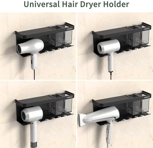 Hair Dryer Holder Wall Mounted Adhesive/Drilling, Hair Dryer Storage Organizer with Shelf & Hooks for Bathroom, Blow Dryer Holder, Hair Tool Organizer (Black) - Image 2