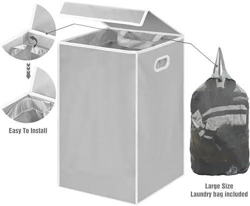 Simple Houseware Foldable Laundry Hamper Basket with Lid and Bag, Gray - Image 3