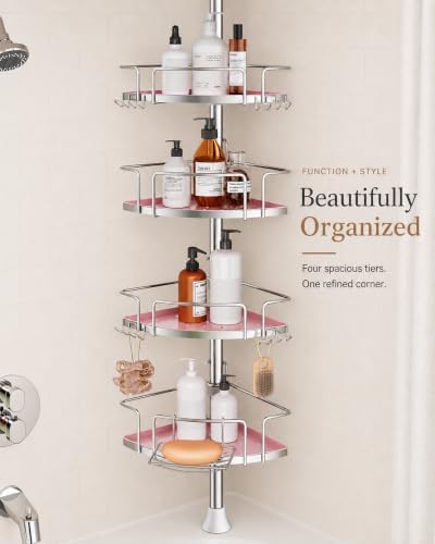 ALLZONE Corner Shower Caddy Tension Pole, 4 Hang-On Basket with Mixed-Height Shelves for Various Bottle Sizes, Extra Hooks & Soap Holder, Rustproof Stainless Steel, Fits 34–116 Inch, Silver/Pink - Image 6
