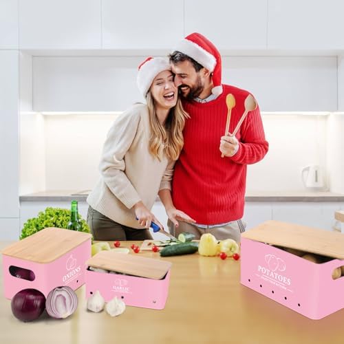 Kitchen Vegetable Storage Set of 3, Metal Onion Garlic Potato Storage Set, Kitchen Canisters Vegetable Keeper Containers with Aerating Holes and Bamboo Lid,Pink - Image 7