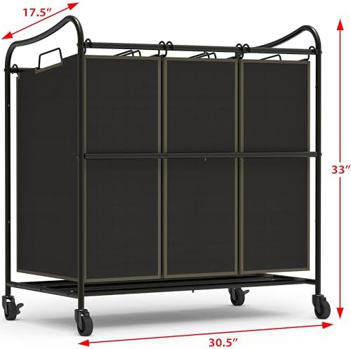 Simple Houseware Heavy Duty 3-Bag Laundry Sorter Rolling Cart, Bronze - Image 2