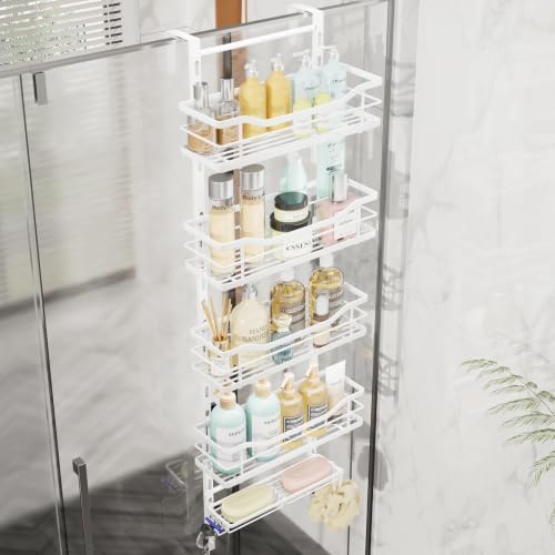 SWTYMIKI Over the Door Shower Caddy - 5 Tier Adjustable Shower Organizer Hanging with Soap Holder, No Drilling Stainless Steel Bathroom Rack Hanging for Body Wash, Shampoo, Soap, Razor, White by SwtyMiki-TidyHomeSweetLife