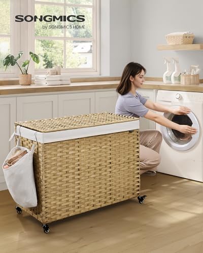 SONGMICS Rolling Laundry Hamper with Lid, 210 L 4-Section Synthetic Rattan - Image 2