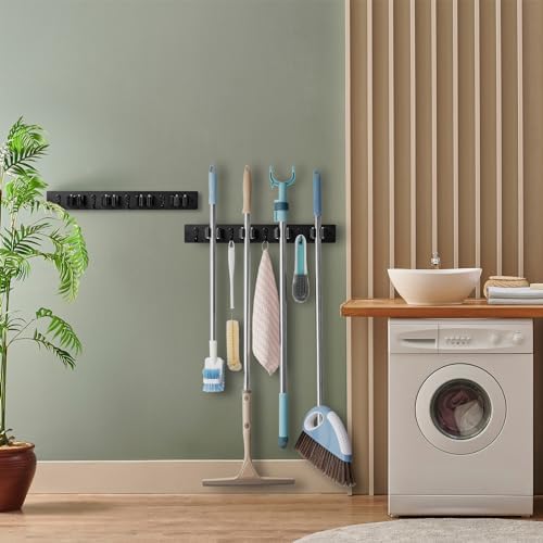 OUTNILI 2 Pack Black Mop Broom Holder Wall Mount - Wood Broom Mop Hanger - Wall Mounted Garden Tool Rack Organizer for Closet Garage Laundry Room, 4 Slots & 4 Hooks - Image 3