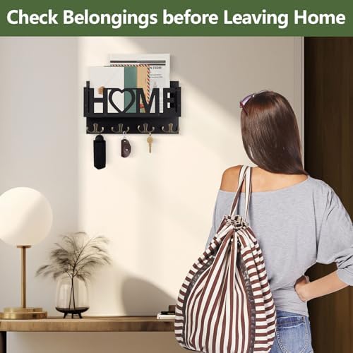 Wall Mount Mail and Key Holder, Wooden Mail Organizer with 4 Double Hooks, Black Metal Letters, Farmhouse Home Decor, Entryway Storage, 10.8 x 3.3 x 6.2 Inches - Image 3