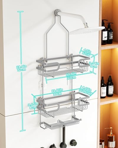 HapiRm Bathroom Hanging Shower Caddy - Rustproof Shower Shelf with 12 Hooks and 2 Soap Holders, No Drilling Bathroom Organizers and Storage - Silver - Image 2