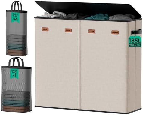 185L Laundry Hamper 4 Section with Lid & Removable Bags by MECINFUL