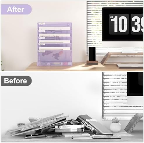 EasyPAG 5 Tier Wall File Holder, Mesh Hanging Folder Organizer with Classify Label, Versatile Desk File Holder, Vertical Wall Mounted Mail Organizer for Office Home Cubicle, Purple - Image 4