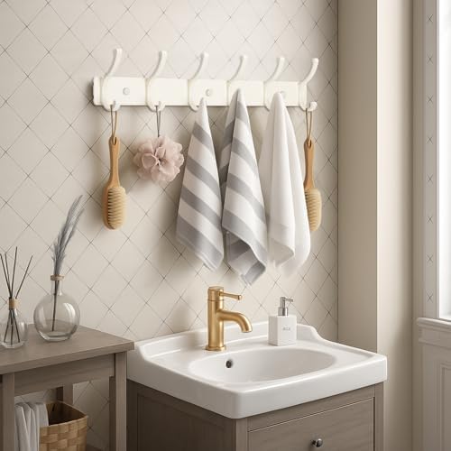 Dntorx Coat Rack Wall Mount, 2 Pack White Coat Hooks Hanger Wall with 6 Double Hooks Rack Rail Towel Hat Rack Entryway Bathroom Hanger Organizer for Robes, Clothes, Bags, Hat - Image 5