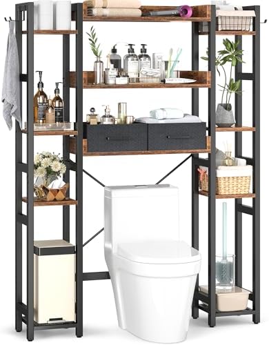 Besiost Over The Toilet Storage, 11 Tier Bathroom Organizer with Dual Side Racks and 2 Fabric Drawers, Adjustable Freestanding Rack Space Saver for Small Spaces, Rustic Brown by Besiost