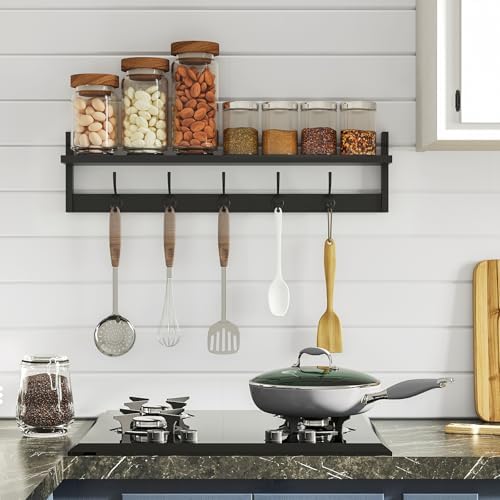 BAMEOS Wall-Mounted Shelf with Hooks - 28.9 Inch Entryway Hanging Shelf with 5 Dual Hooks for Bathroom, Living Room, Bedroom (Black) - Image 4