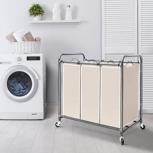 STORAGE MANIAC 3 Section Laundry Sorter, 35.6 Gal (135 L) Laundry Hamper Cart with Heavy Duty Rolling Lockable Wheels and Removable Bags, Clothes Organizer Basket Separator Hamper, Beige - Image 6