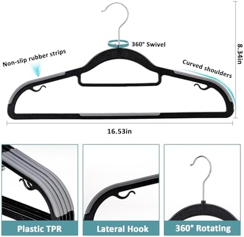 Tonswachic Heavy Duty Plastic Clothes Hangers, Space Saving Hangers 30 Pack, Non-Slip, 0.2 Inches Slim, 360° Swivel Silver Hook for Shirts, Pants & Wet/Dry Garments, Black and Dark Gray - Image 2