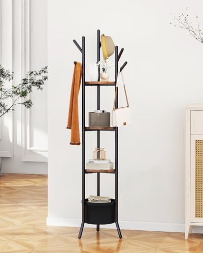 YMYNY Coat Rack, Freestanding Coat Stand with Storage Shelves, Hall Trees with 3 Wooden Shelves and 1 Fabric Basket, Metal Clothes Stand for Hats Bags Hallway Bedroom Rustic Brown UHGR005H - Image 5
