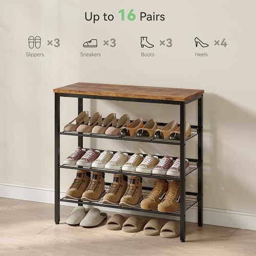 Nunsino Shoe Rack for Closet,4 Tier Shoe Organizer for Entryway,Shoe Shelf with Storage Shelves and Spacious Top,Max Holds 16 of Shoes,Rustic Brown - Image 4