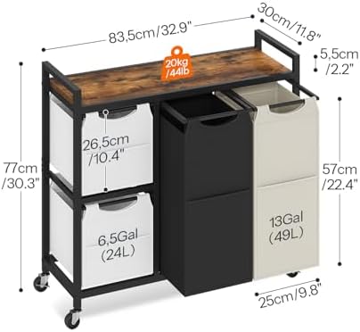 HOOBRO Laundry Sorter with 4 Section, 39 Gal. (147 L) Laundry Hamper with Wheels, Rolling Laundry Basket with Shelf, Pull-Out Detachable Bags, Side Pockets, Rustic Brown, Black and Beige BFE14XY01N1 - Image 3