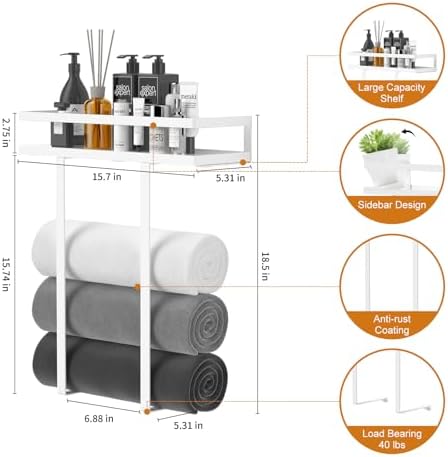 Towel Racks for Bathroom Wall Mounted, Xstydes Metal Towel Holder with Wooden Shelf for Folding Large Towels, Towel Storage for Small Bathroom Organizer Decor or RV Camping,White - Image 2