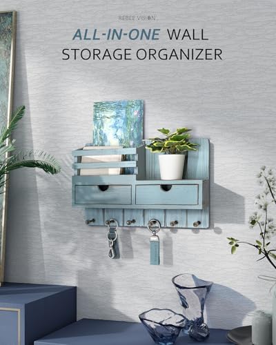 Rebee Vision Key Holder Wall Mount with Shelf for Entryway, Distressed Blue - Image 2