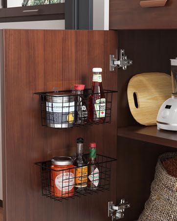 MaraFansie Hanging Wire Baskets Kitchen Storage Basket Adhesive and Screws Basket Over the Cabinet Door Organizer with Adhesive Strips and Screws Accessories, 2 Installations, 4 Pack, Black - Image 3