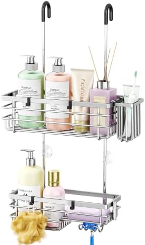 HapiRm Hanging Shower Caddy Organizer - No Drilling Shower Shelves with Hooks and Toothbrush Holder, Rustproof 304 Stainless Steel Bathroom Organizer - Silver by HapiRm