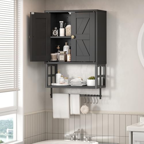 Bathroom Wall Cabinet, Farmhouse Medicine Storage with Towel Bar, Black - Image 6