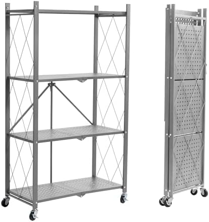 BRIAN & DANY 4-Tier Foldable Storage Shelves with Wheels, Folding Metal Rack Shelving Unit, Heavy Duty No Assembly Organizer Shelf for Garage, Kitchen, Basement, Pantry, Gray by BRIANDANY