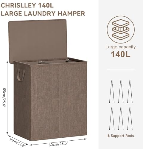 Chrislley Double Laundry Hamper with Lid, 140L Laundry Basket 2 Section - Image 3