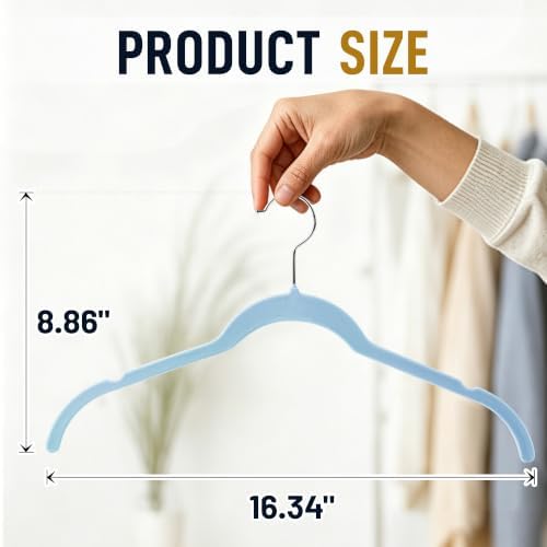 Sishynio Velvet Hangers 50 Pack, Non-Slip Slim Felt Clothes Hangers Blue | Space-Saving Closet Organization; Flocked Surface; 360° Swivel Hooks; For Shirts, Coats, Dresses, Blouses - Image 6