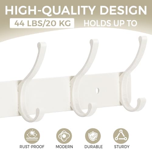 Wall Mount Coat Rack 1 Pack, White Coat Hooks Hanger with 6 Double Hooks - Image 3