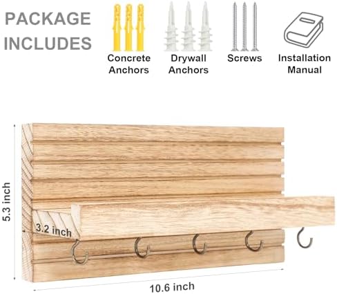 Lwenki Decorative Key Holder for Wall with Shelf, Entryway Shelf with Hooks Holds Leashes, Jackets and Glasses – Sturdy Wood Keyholder Entrance Hanger with Mounting Hardware (Wood, Medium) - Image 2