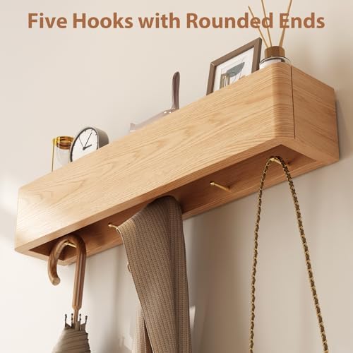 CycleCrew Solid Wood Wall Mounted Coat Rack with Shelf Hooks - Modern Floating Shelves with 5 Hidden Hooks, Heavy Duty Entryway Coat Key Holder Hanger for Hallway Bathroom Bedroom Home Decor - Image 2