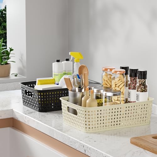 FUCDTEFC Black Plastic Basket, 8 Pack Home Organization and Storage Baskets with Handles, Space Saving Woven Organizer Bins Plastic Storage Basket for Organizing Cabinets,Closets, Shelves, Countertops - Image 7